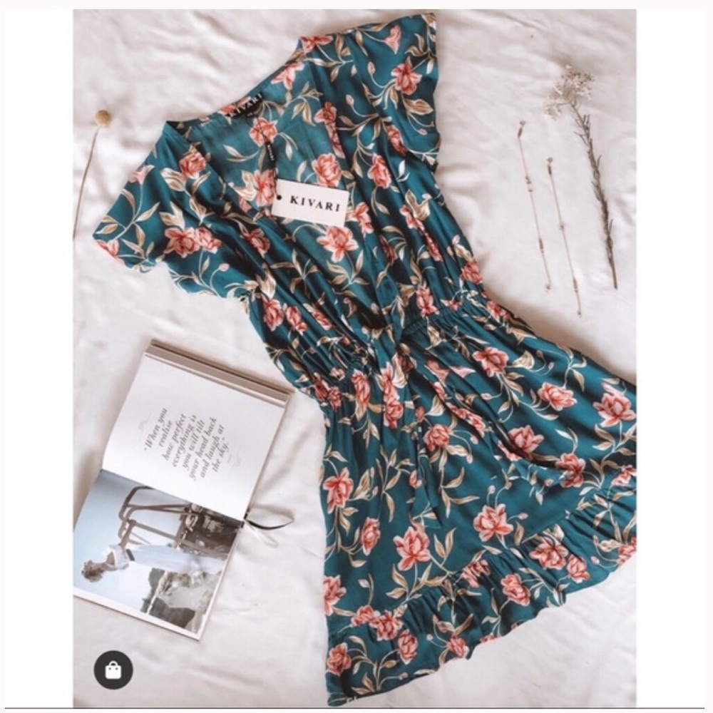 KIVARI Lucia Teal Floral Frill Wrap Mini Dress RRP$190 - Picture 10 of 16